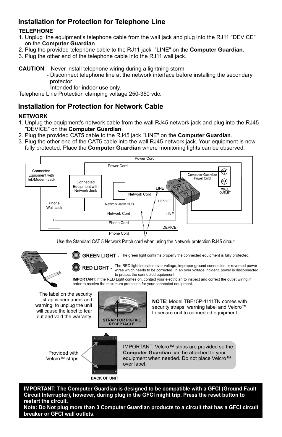 Installation for protection for network cable, Installation for protection for telephone line | Smart Power Systems Computer Guardian User Manual | Page 3 / 4