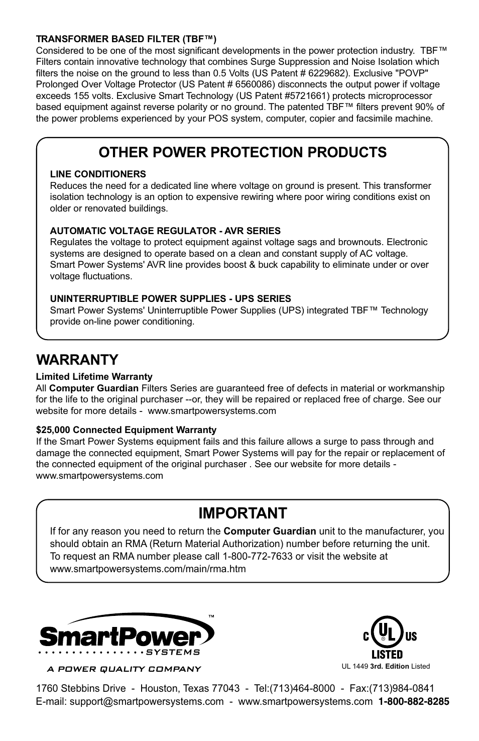 Important, Other power protection products warranty | Smart Power Systems Computer Guardian User Manual | Page 4 / 4