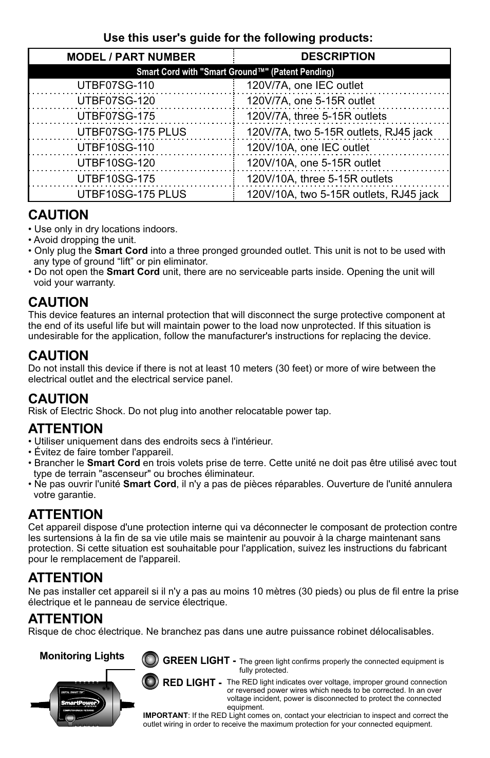 Caution, Attention | Smart Power Systems Smart Cord User Manual | Page 2 / 4