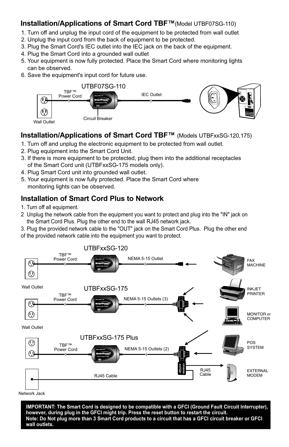 Installation/applications of smart cord tbf, Installation of smart cord plus to network, Utbfxxsg-175 plus | Smart Power Systems Smart Cord User Manual | Page 3 / 4