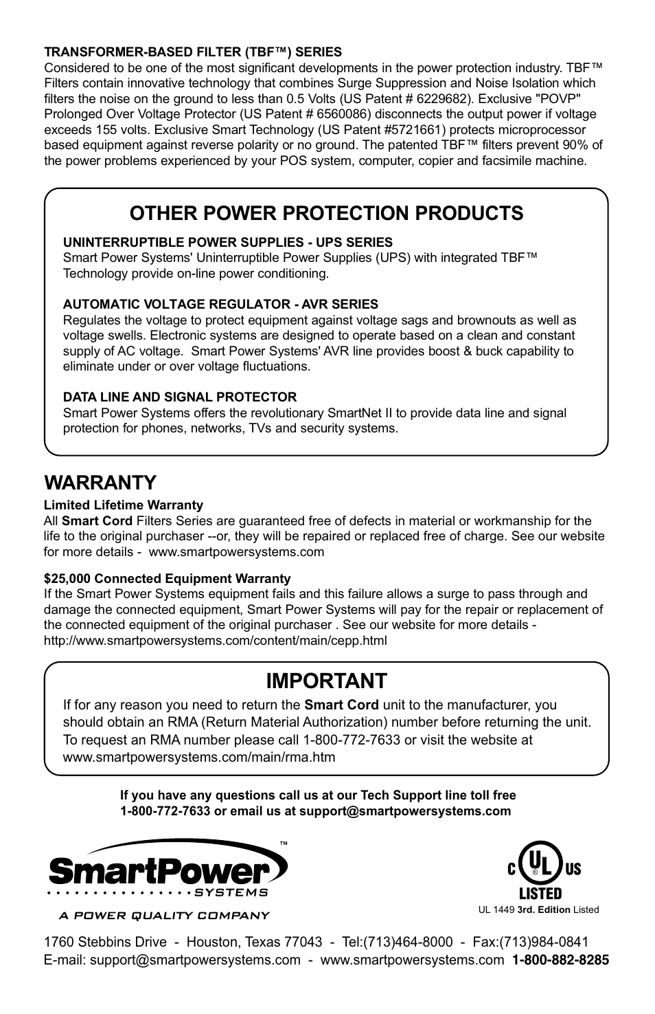 Important, Other power protection products warranty | Smart Power Systems Smart Cord User Manual | Page 4 / 4