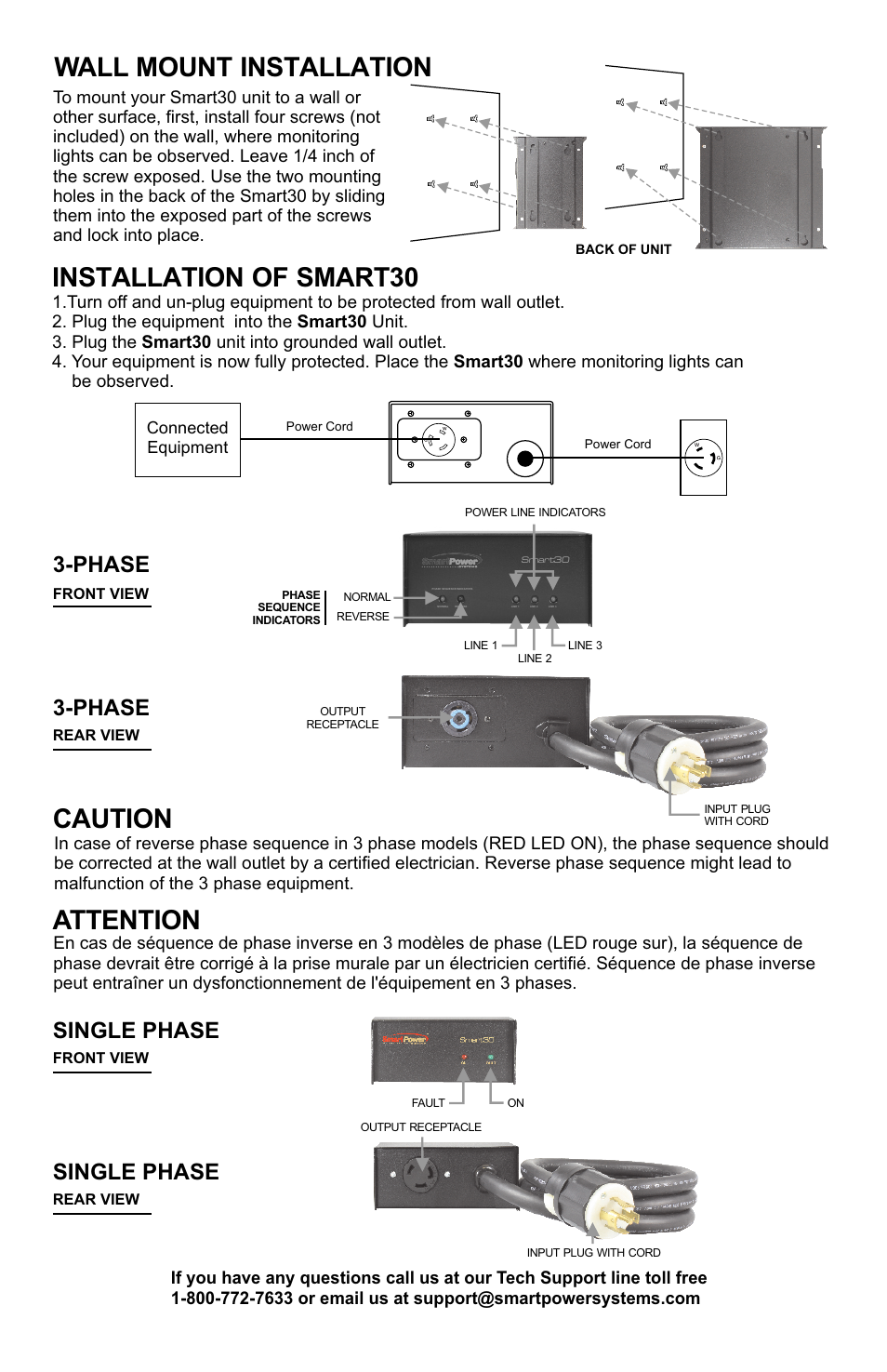 Installation of smart30 wall mount installation, Attention caution, Phase | Phase single phase single phase | Smart Power Systems Smart30 User Manual | Page 3 / 4