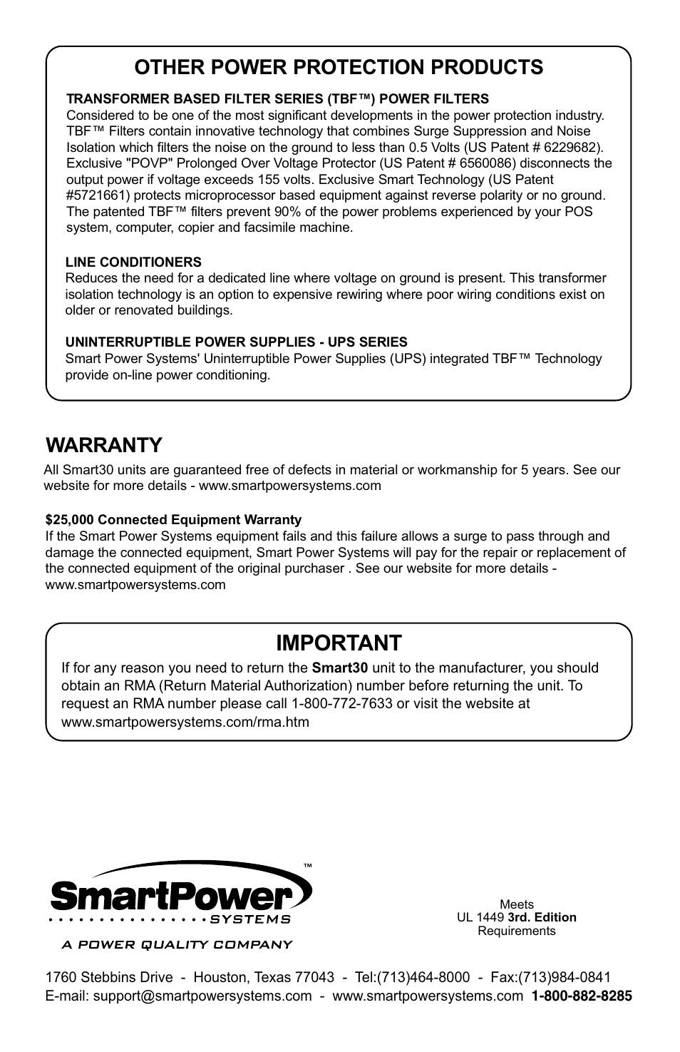 Important, Other power protection products warranty | Smart Power Systems Smart30 User Manual | Page 4 / 4