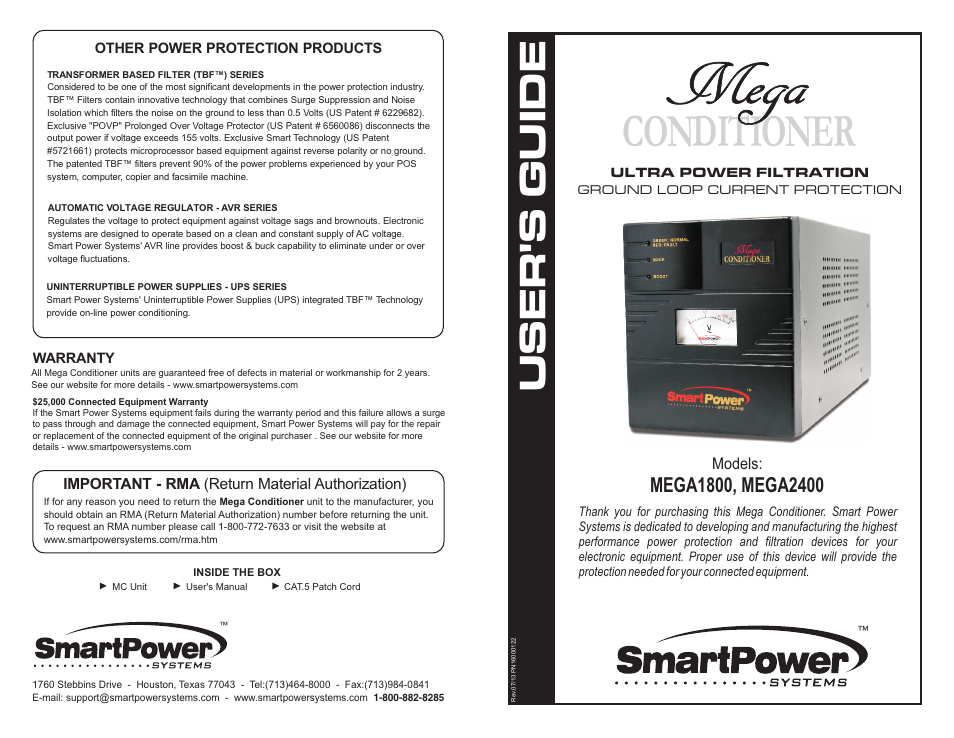Smart Power Systems Mega Conditioner User Manual | 2 pages