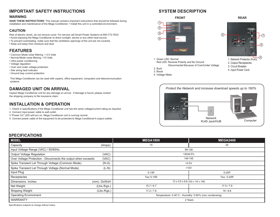 Specifications, System description important safety instructions, Features | Installation & operation, Systems • • • • • • • • • • • • • • • • tm, Damaged unit on arrival | Smart Power Systems Mega Conditioner User Manual | Page 2 / 2