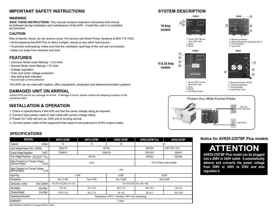 Attention, System description, Buck boost | Important safety instructions, Installation & operation, Features, Damaged unit on arrival, Output circuit breaker in input out, Specifications | Smart Power Systems AVR Plus User Manual | Page 2 / 2