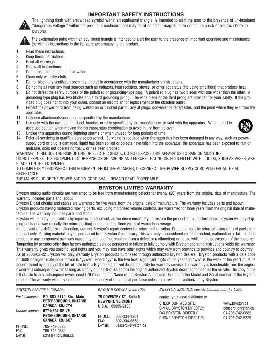 Important safety instructions | Bryston MPS2 User Manual | Page 2 / 6