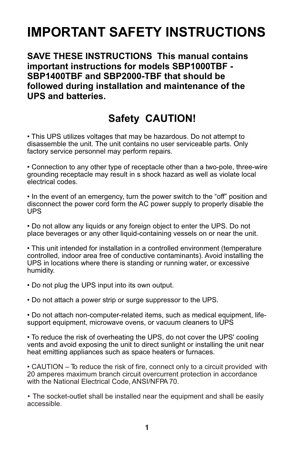 Important safety instructions, Safety caution | Smart Power Systems SBP TBF UPS 1000-2000VA User Manual | Page 2 / 13