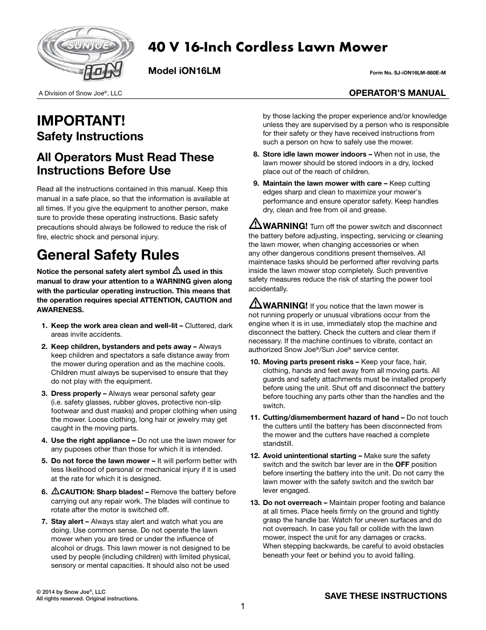 Snow Joe iON16LM 40-Volt Cordless 16-Inch Lawn Mower w/ Brushless Motor User Manual | 20 pages