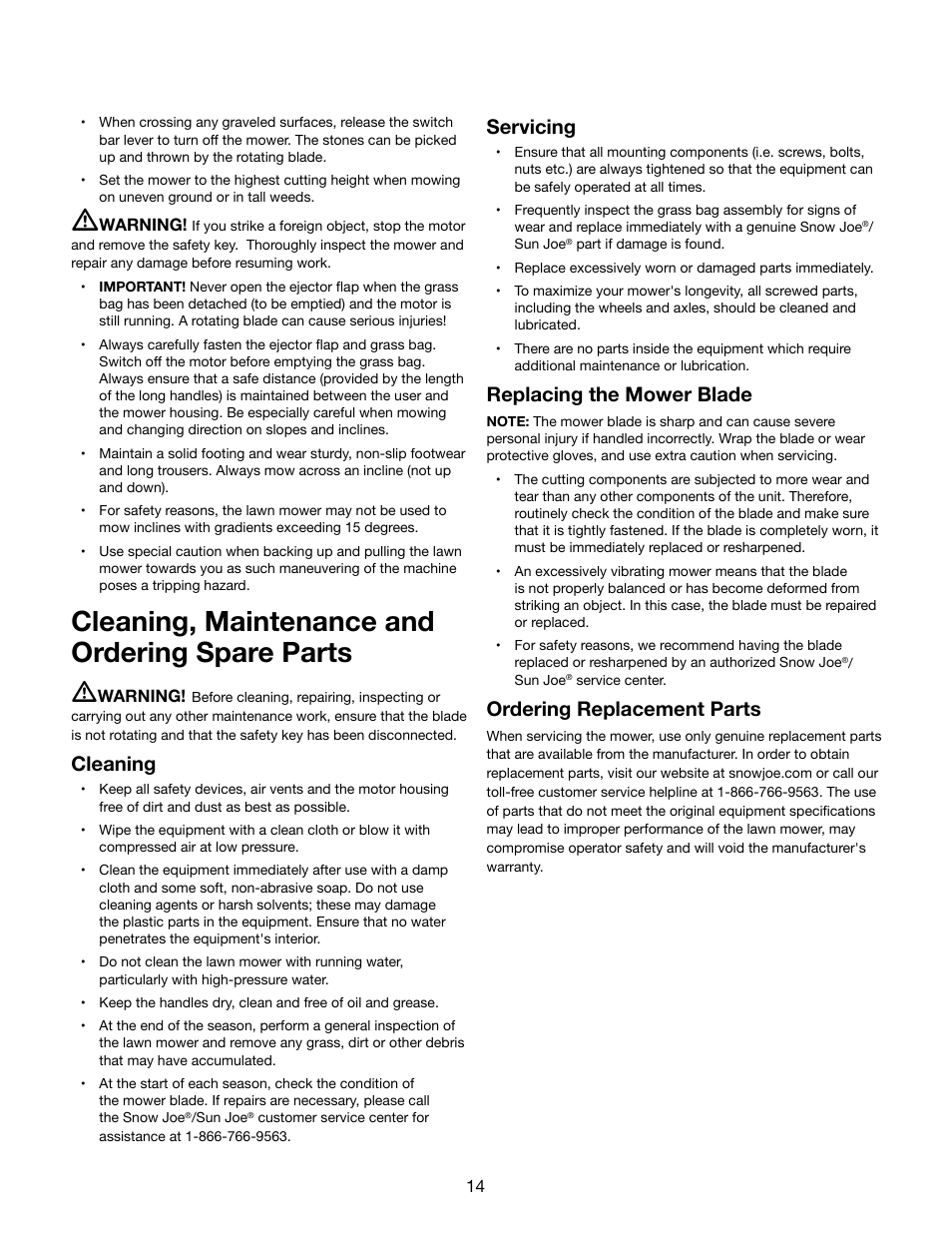 Cleaning, maintenance and ordering spare parts, Cleaning, Servicing | Replacing the mower blade, Ordering replacement parts | Snow Joe iON16LM 40-Volt Cordless 16-Inch Lawn Mower w/ Brushless Motor User Manual | Page 14 / 20