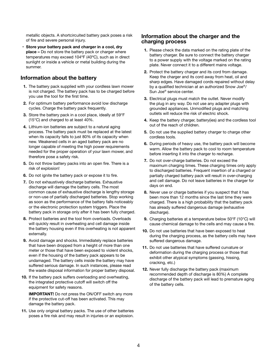 Information about the battery | Snow Joe iON16LM 40-Volt Cordless 16-Inch Lawn Mower w/ Brushless Motor User Manual | Page 4 / 20