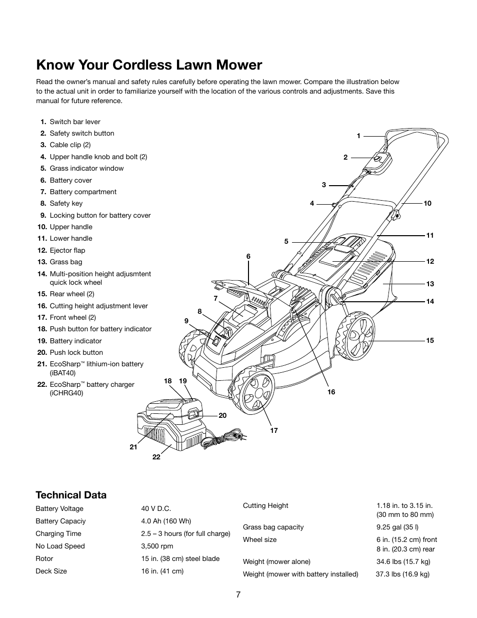 Know your cordless lawn mower, Technical data | Snow Joe iON16LM 40-Volt Cordless 16-Inch Lawn Mower w/ Brushless Motor User Manual | Page 7 / 20