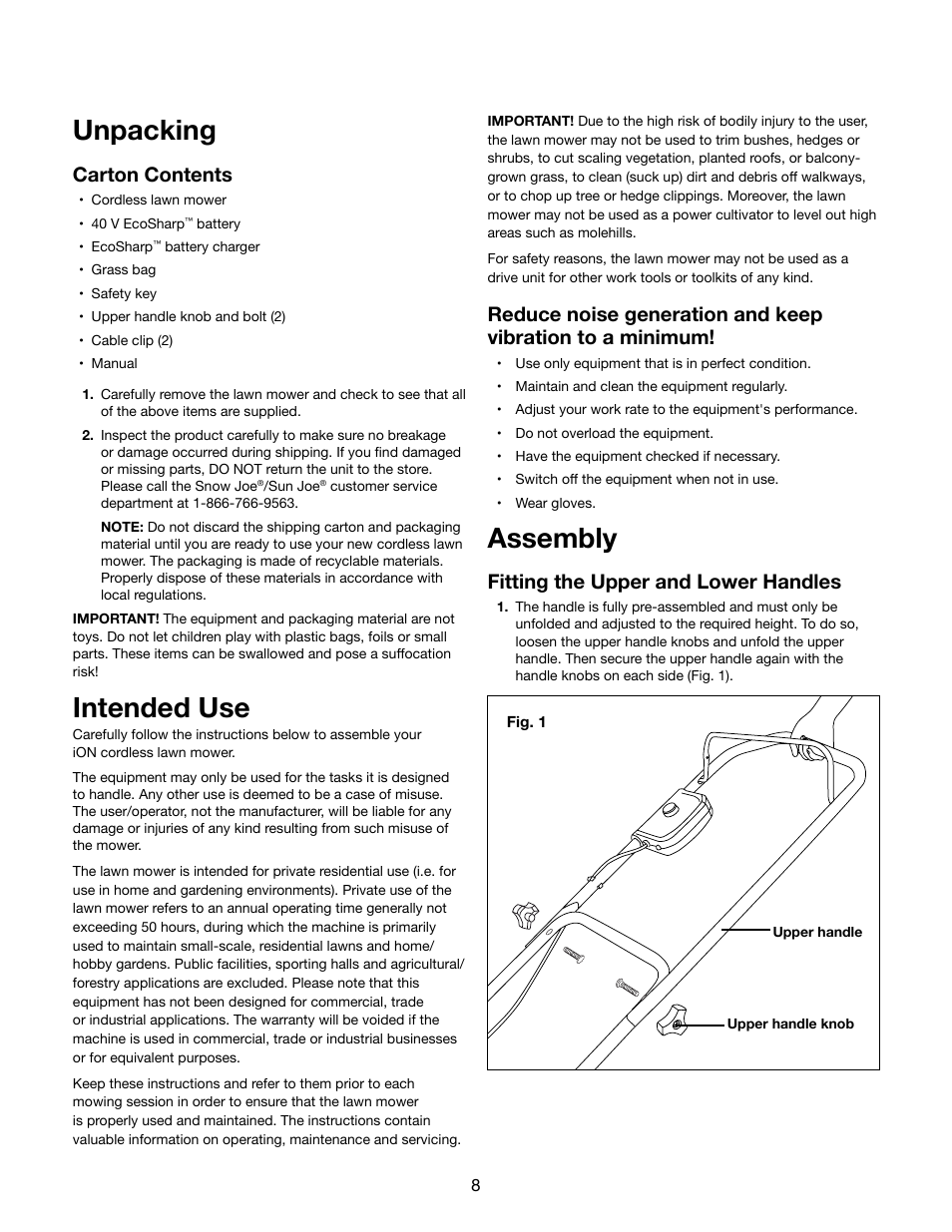 Unpacking, Intended use, Assembly | Carton contents, Fitting the upper and lower handles | Snow Joe iON16LM 40-Volt Cordless 16-Inch Lawn Mower w/ Brushless Motor User Manual | Page 8 / 20