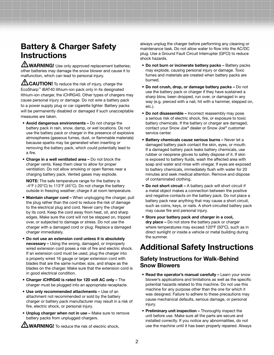 Battery & charger safety instructions m, Additional safety instructions, Safety instructions for walk-behind snow blowers | Snow Joe iON18SB 40-Volt Cordless 18-Inch Single Stage Brushless Snow Blower w/ Rechargeable Ecosharp Lithium-Ion Battery User Manual | Page 2 / 14