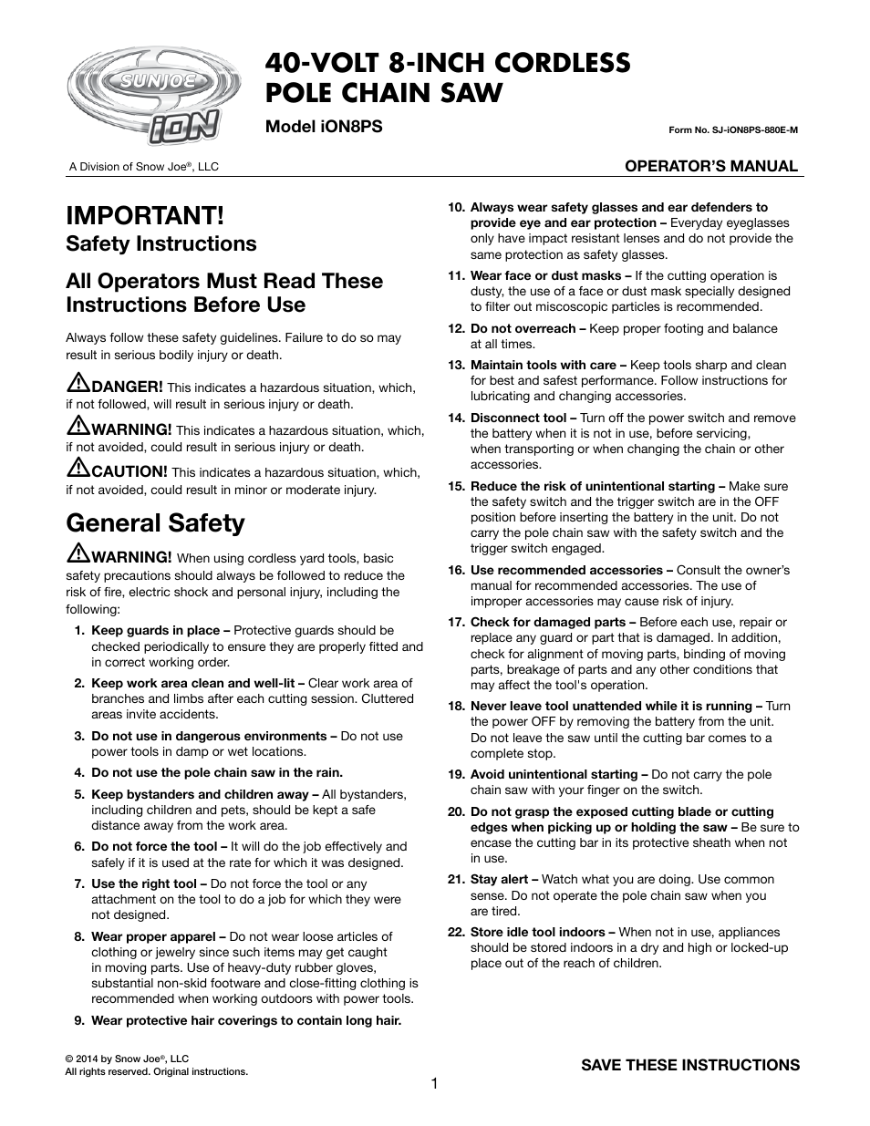 Snow Joe iON8PS 40-Volt Cordless 8-Inch Pole Chain Saw User Manual | 24 pages