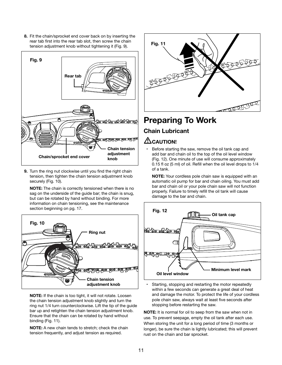 Preparing to work, Chain lubricant, Caution | Snow Joe iON8PS 40-Volt Cordless 8-Inch Pole Chain Saw User Manual | Page 11 / 24