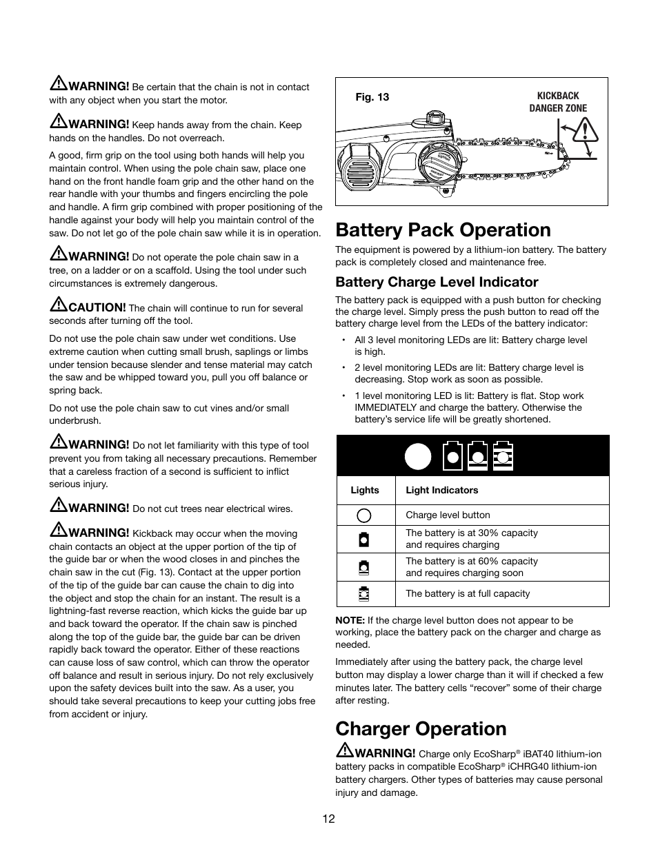 Battery pack operation, Charger operation m, Battery charge level indicator | Snow Joe iON8PS 40-Volt Cordless 8-Inch Pole Chain Saw User Manual | Page 12 / 24