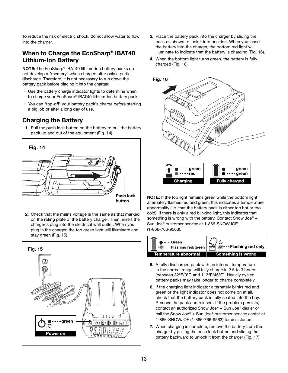 When to charge the ecosharp, Ibat40 lithium-ion battery, Charging the battery | Snow Joe iON8PS 40-Volt Cordless 8-Inch Pole Chain Saw User Manual | Page 13 / 24