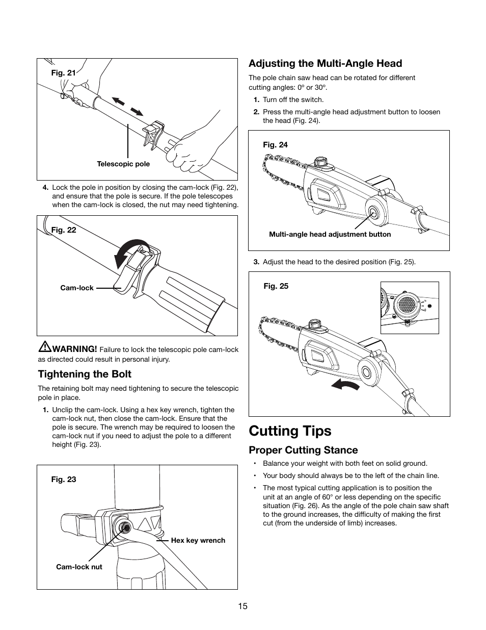 Cutting tips, Tightening the bolt, Adjusting the multi-angle head | Proper cutting stance | Snow Joe iON8PS 40-Volt Cordless 8-Inch Pole Chain Saw User Manual | Page 15 / 24