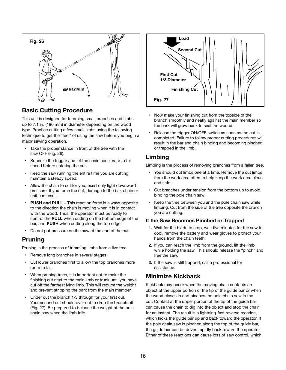 Basic cutting procedure, Pruning, Limbing | Minimize kickback | Snow Joe iON8PS 40-Volt Cordless 8-Inch Pole Chain Saw User Manual | Page 16 / 24