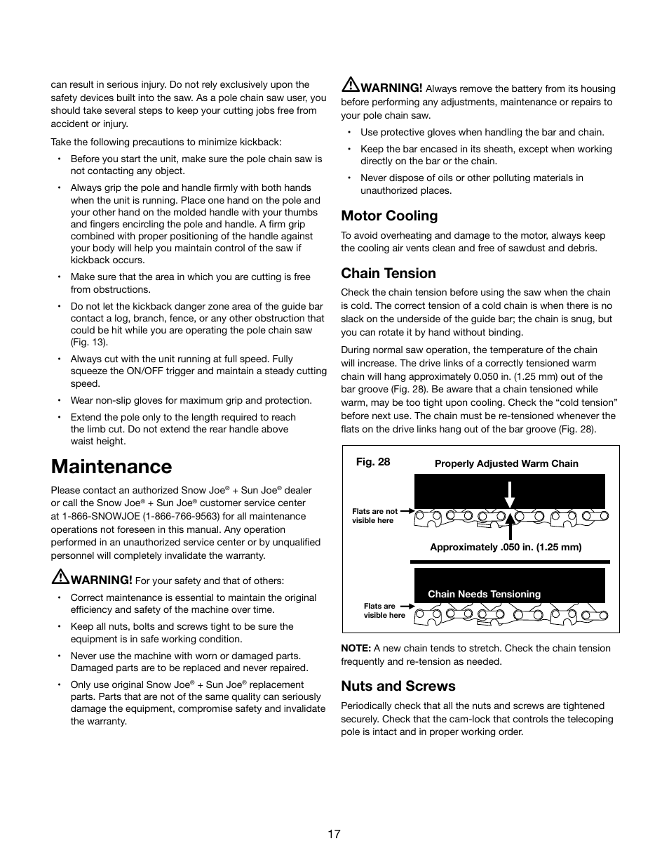 Maintenance, Motor cooling, Chain tension | Nuts and screws | Snow Joe iON8PS 40-Volt Cordless 8-Inch Pole Chain Saw User Manual | Page 17 / 24