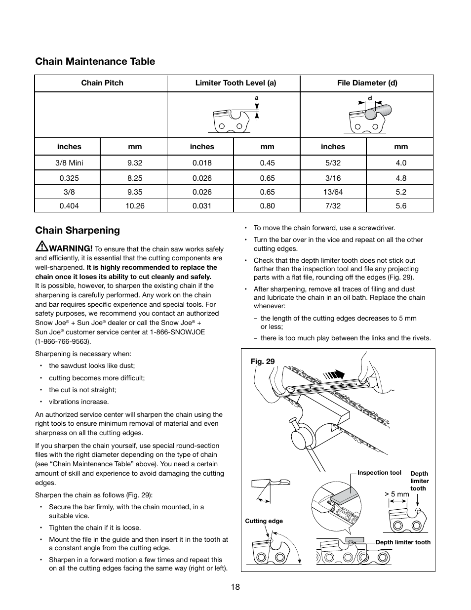 Chain maintenance table, Chain sharpening | Snow Joe iON8PS 40-Volt Cordless 8-Inch Pole Chain Saw User Manual | Page 18 / 24