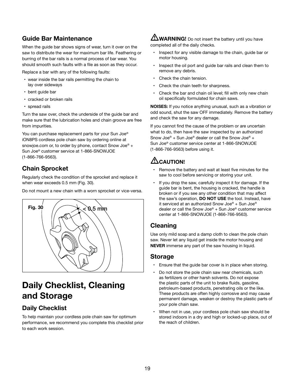 Daily checklist, cleaning and storage, Guide bar maintenance, Chain sprocket | Daily checklist, Cleaning, Storage, 5 mm | Snow Joe iON8PS 40-Volt Cordless 8-Inch Pole Chain Saw User Manual | Page 19 / 24