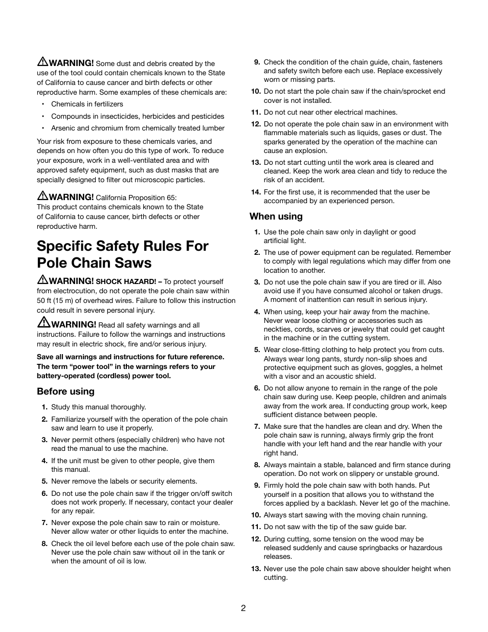 Specific safety rules for pole chain saws | Snow Joe iON8PS 40-Volt Cordless 8-Inch Pole Chain Saw User Manual | Page 2 / 24