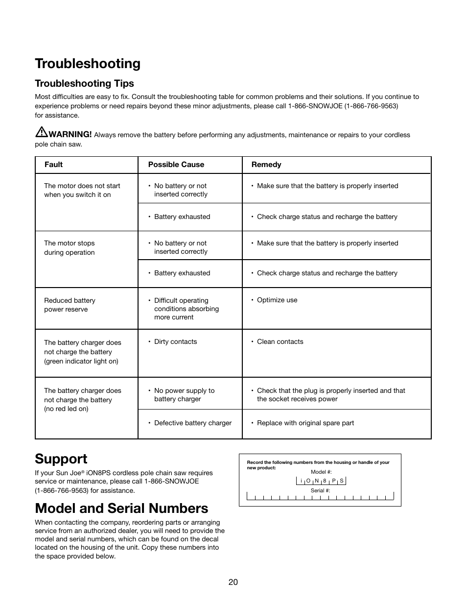 Troubleshooting, Support, Model and serial numbers | Troubleshooting tips | Snow Joe iON8PS 40-Volt Cordless 8-Inch Pole Chain Saw User Manual | Page 20 / 24