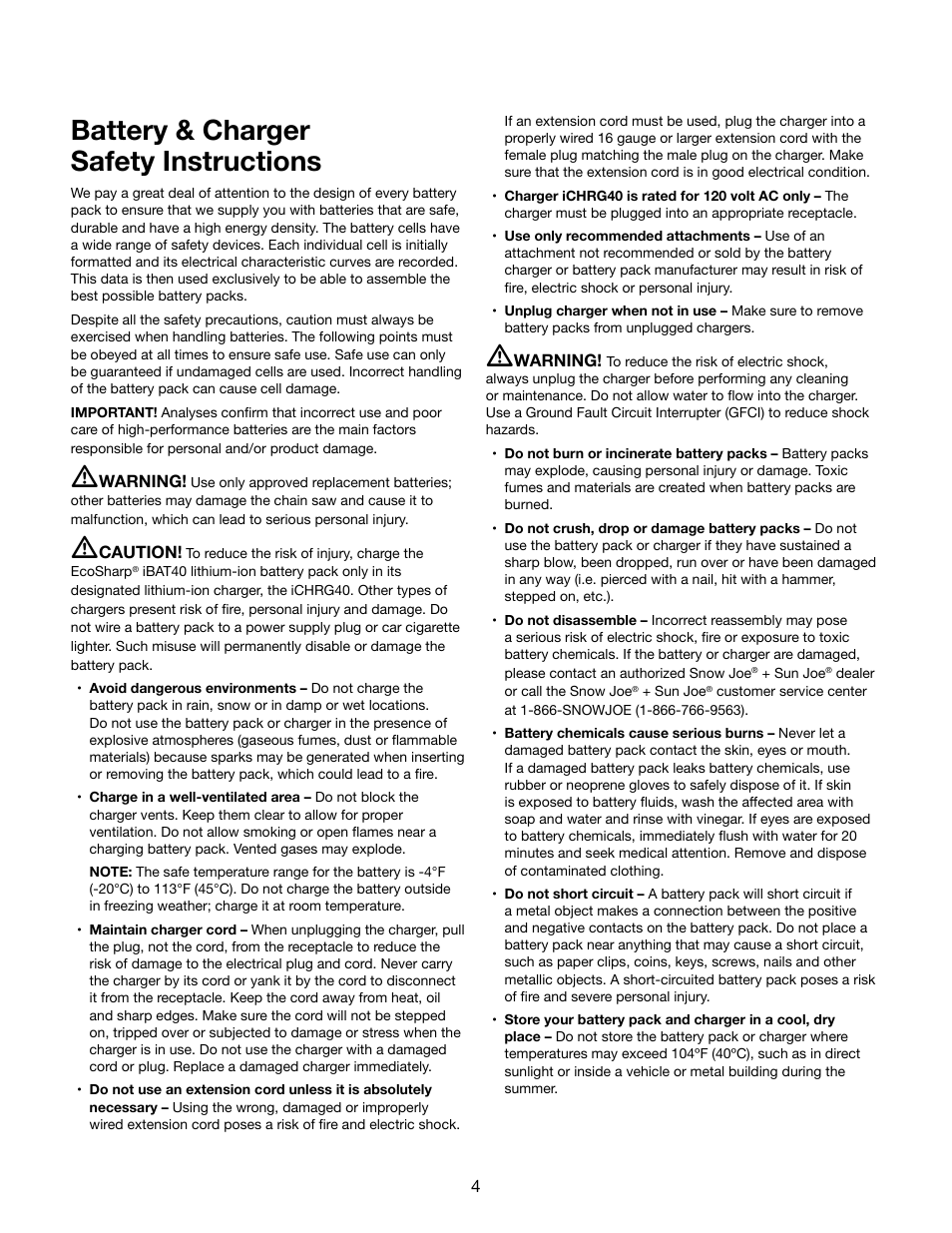 Battery & charger safety instructions | Snow Joe iON8PS 40-Volt Cordless 8-Inch Pole Chain Saw User Manual | Page 4 / 24