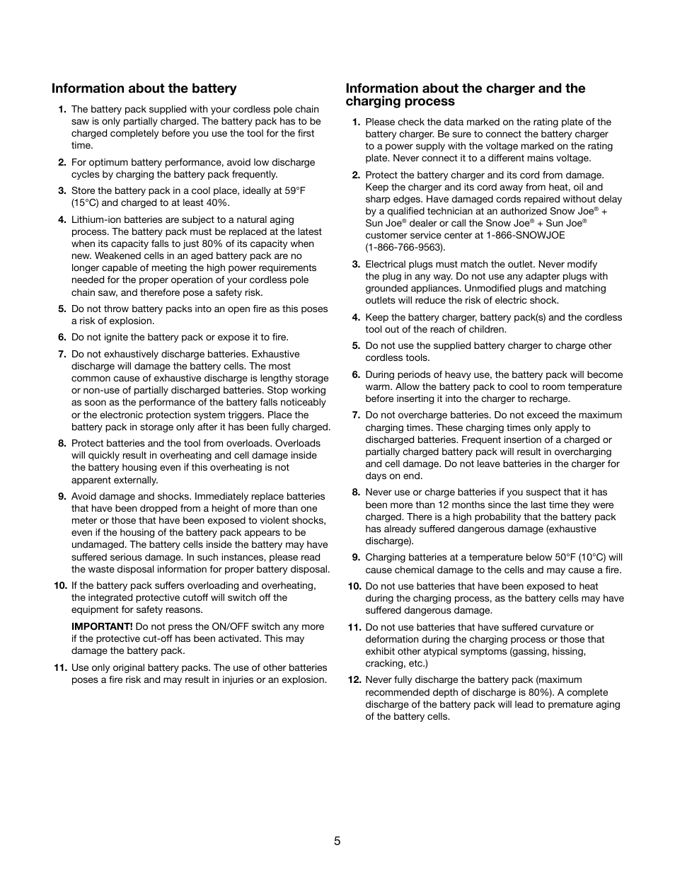 Information about the battery | Snow Joe iON8PS 40-Volt Cordless 8-Inch Pole Chain Saw User Manual | Page 5 / 24