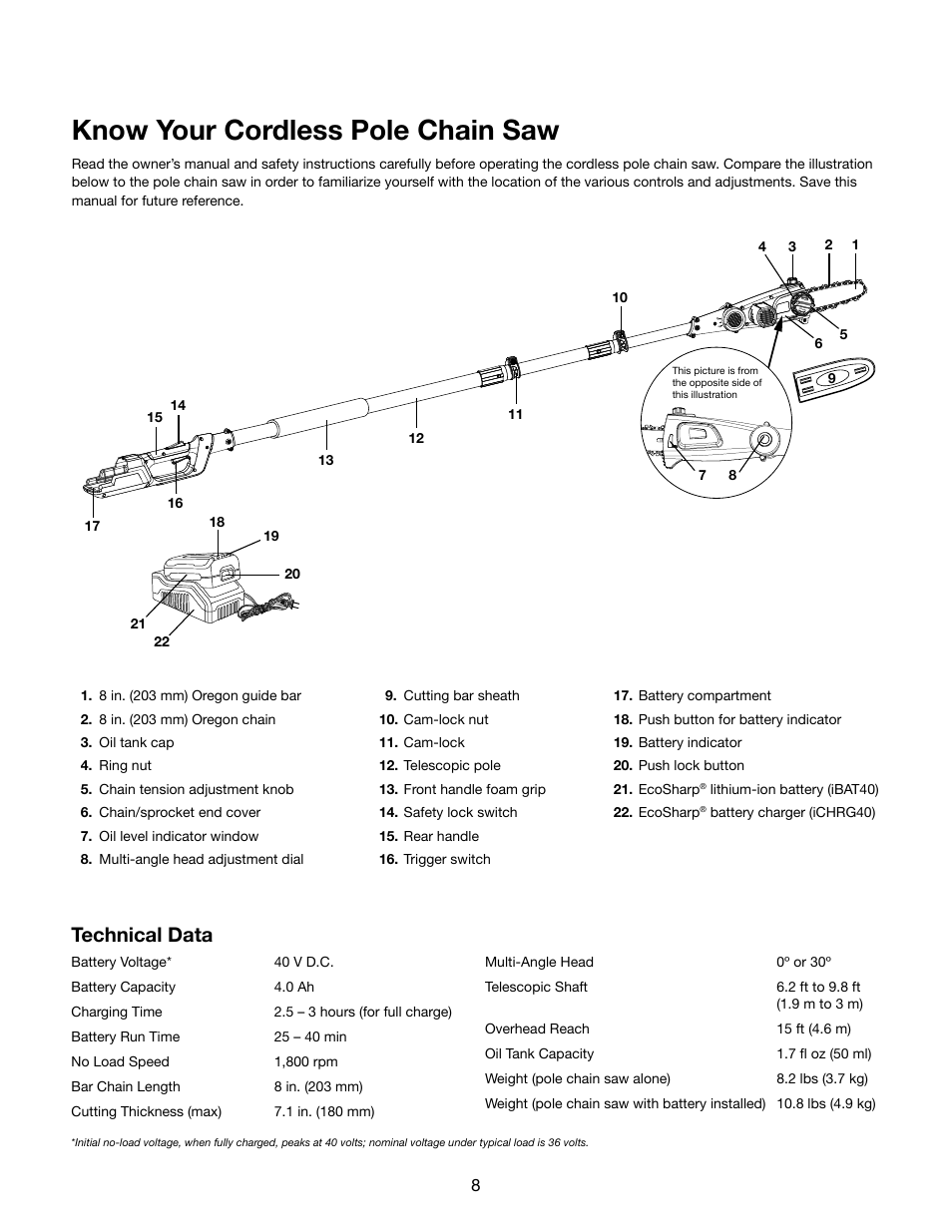 Know your cordless pole chain saw, Technical data | Snow Joe iON8PS 40-Volt Cordless 8-Inch Pole Chain Saw User Manual | Page 8 / 24