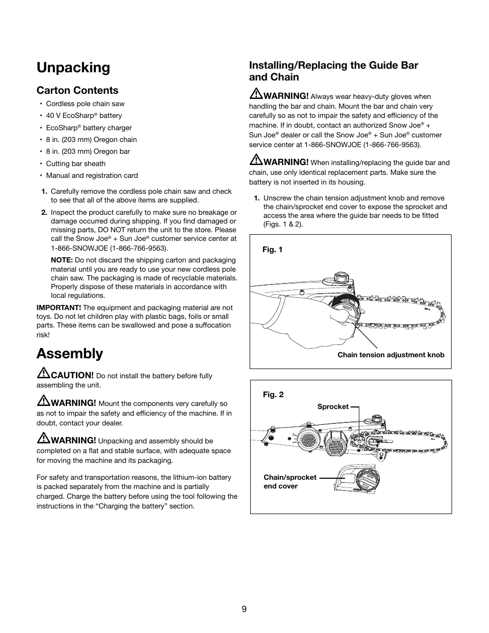 Unpacking, Assembly m, Carton contents | Installing/replacing the guide bar and chain | Snow Joe iON8PS 40-Volt Cordless 8-Inch Pole Chain Saw User Manual | Page 9 / 24