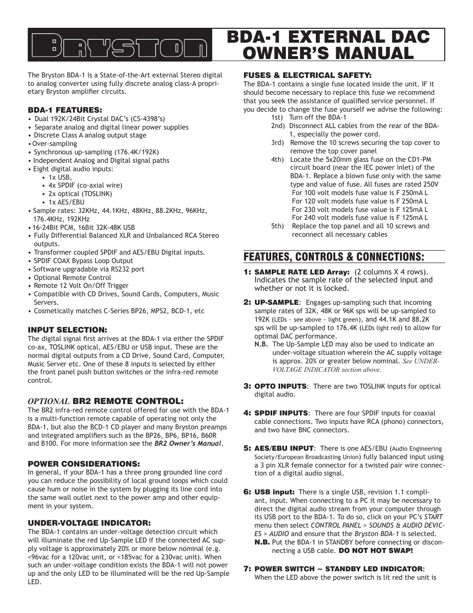 Bryston External DAC BDA-1 User Manual | 4 pages