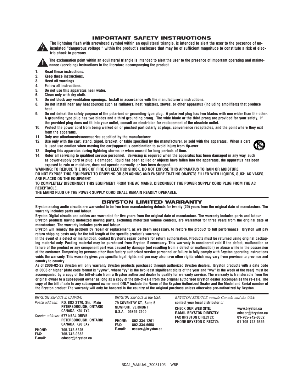 Bryston External DAC BDA-1 User Manual | Page 4 / 4