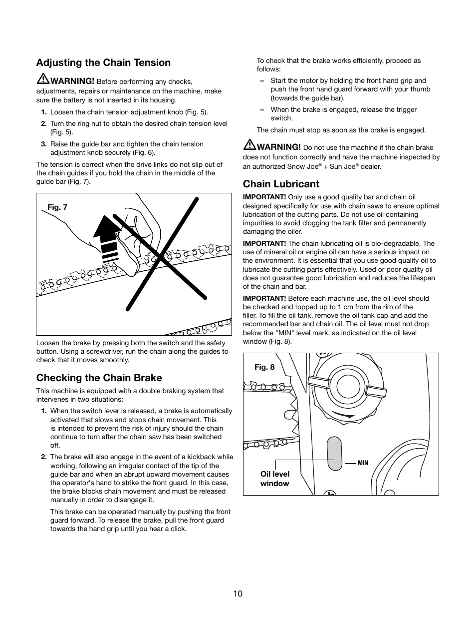 Adjusting the chain tension, Checking the chain brake, Chain lubricant | Snow Joe iON16CS 40-Volt Cordless 16-Inch Chain Saw w/ Brushless Motor User Manual | Page 10 / 24