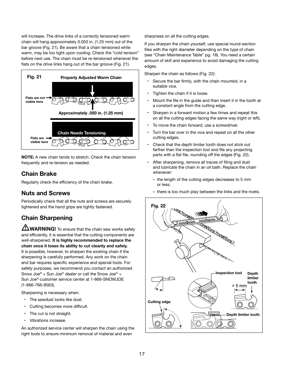 Chain brake, Nuts and screws, Chain sharpening | Snow Joe iON16CS 40-Volt Cordless 16-Inch Chain Saw w/ Brushless Motor User Manual | Page 17 / 24