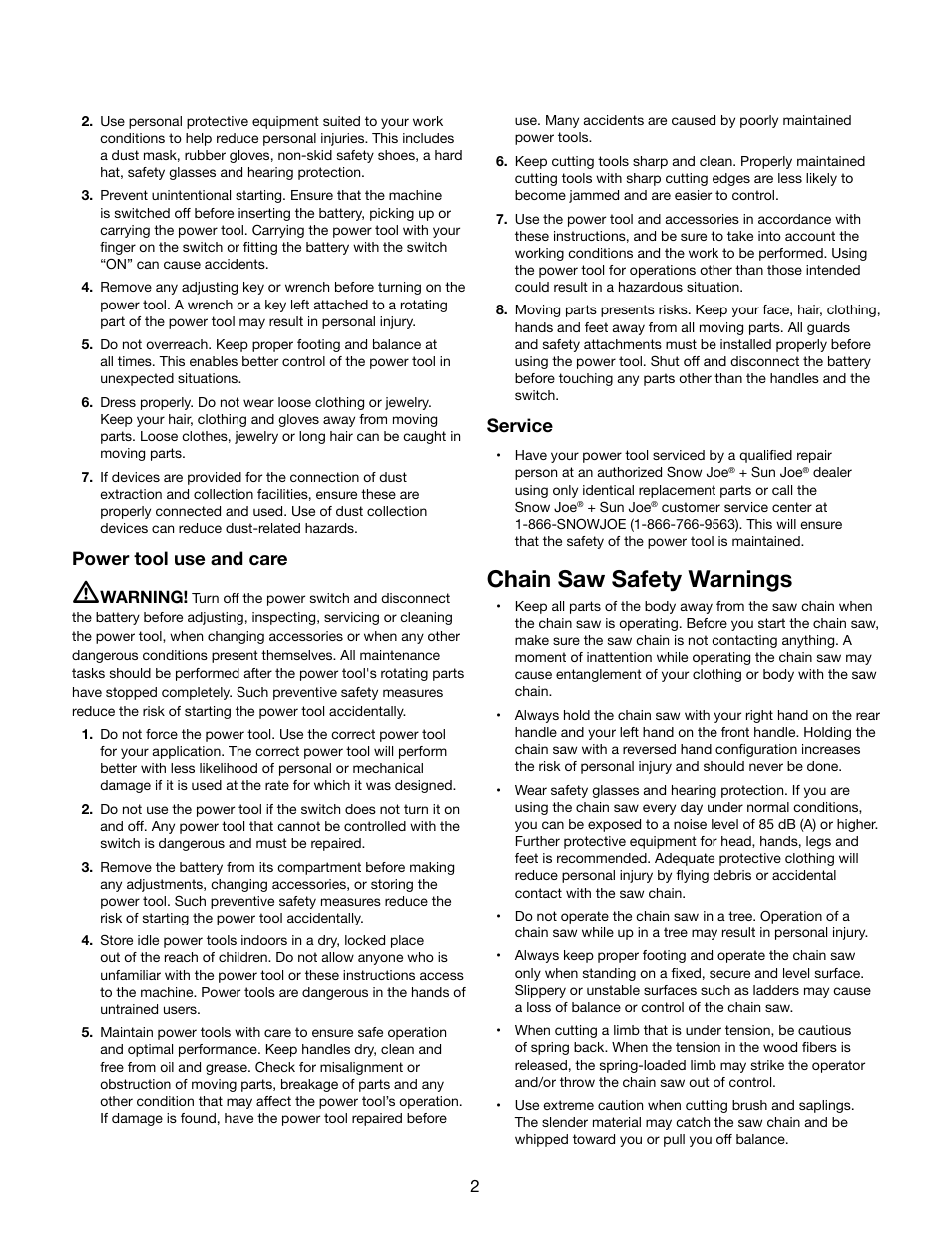 Chain saw safety warnings, Power tool use and care, Service | Snow Joe iON16CS 40-Volt Cordless 16-Inch Chain Saw w/ Brushless Motor User Manual | Page 2 / 24