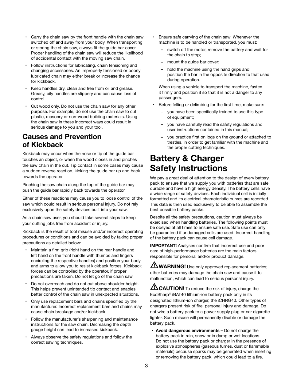 Battery & charger safety instructions, Causes and prevention of kickback | Snow Joe iON16CS 40-Volt Cordless 16-Inch Chain Saw w/ Brushless Motor User Manual | Page 3 / 24