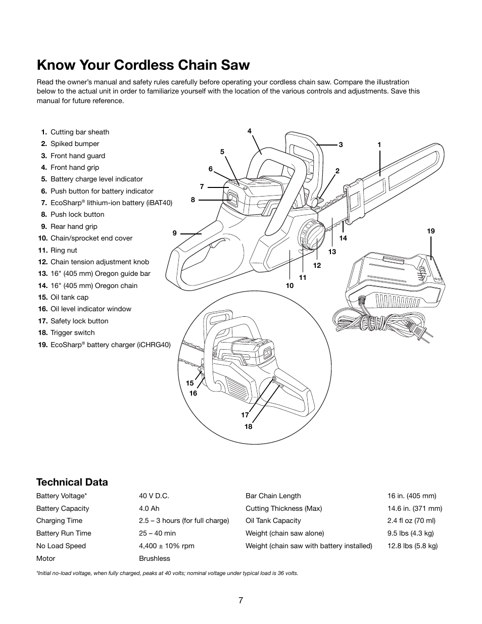 Know your cordless chain saw, Technical data | Snow Joe iON16CS 40-Volt Cordless 16-Inch Chain Saw w/ Brushless Motor User Manual | Page 7 / 24