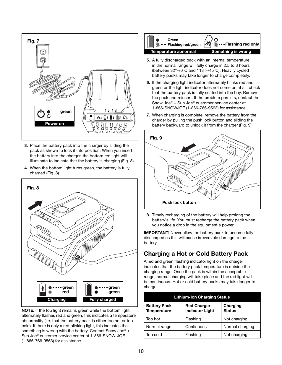 Charging a hot or cold battery pack | Snow Joe iON13SS 40-Volt Cordless 13-Inch Brushless Snow Shovel w/ Rechargeable Ecosharp Lithium-Ion Battery User Manual | Page 10 / 20