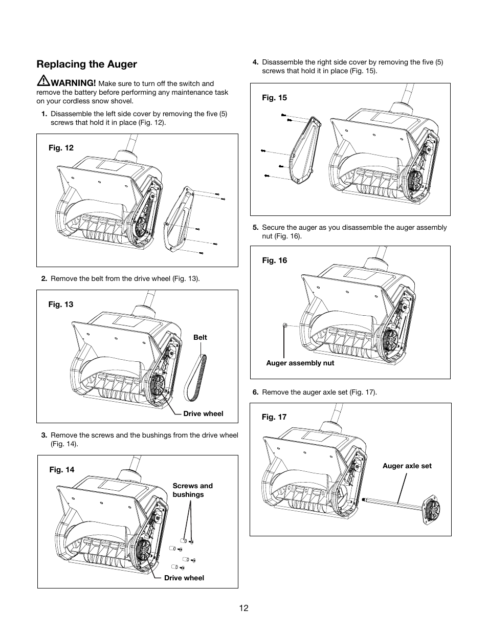 Replacing the auger | Snow Joe iON13SS 40-Volt Cordless 13-Inch Brushless Snow Shovel w/ Rechargeable Ecosharp Lithium-Ion Battery User Manual | Page 12 / 20