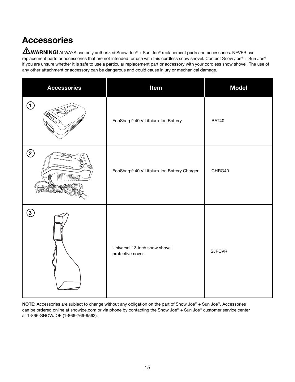 Accessories m, Model accessories item | Snow Joe iON13SS 40-Volt Cordless 13-Inch Brushless Snow Shovel w/ Rechargeable Ecosharp Lithium-Ion Battery User Manual | Page 15 / 20