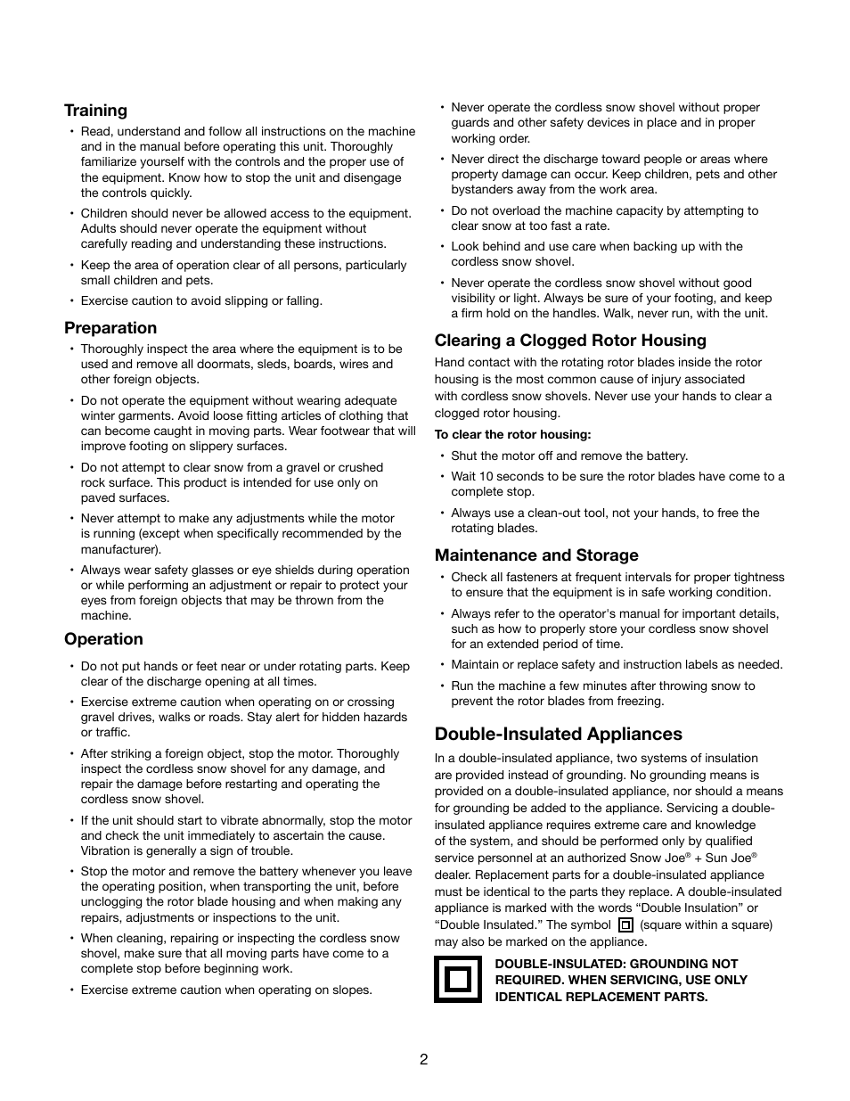 Double-insulated appliances, Training, Preparation | Operation, Clearing a clogged rotor housing, Maintenance and storage | Snow Joe iON13SS 40-Volt Cordless 13-Inch Brushless Snow Shovel w/ Rechargeable Ecosharp Lithium-Ion Battery User Manual | Page 2 / 20