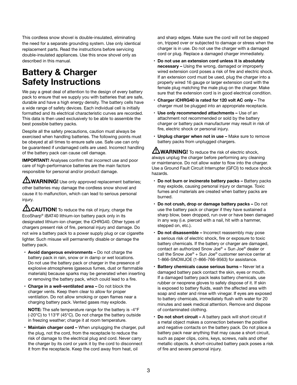 Battery & charger safety instructions | Snow Joe iON13SS 40-Volt Cordless 13-Inch Brushless Snow Shovel w/ Rechargeable Ecosharp Lithium-Ion Battery User Manual | Page 3 / 20