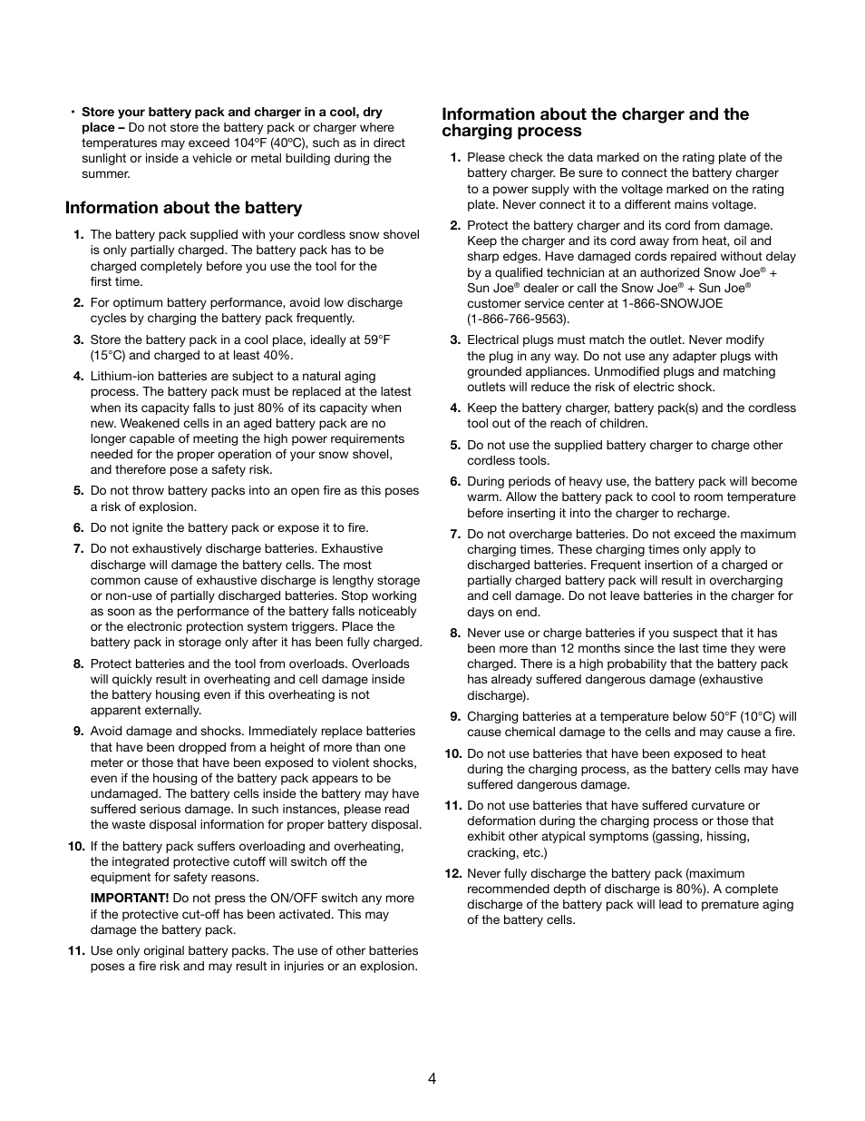 Information about the battery | Snow Joe iON13SS 40-Volt Cordless 13-Inch Brushless Snow Shovel w/ Rechargeable Ecosharp Lithium-Ion Battery User Manual | Page 4 / 20