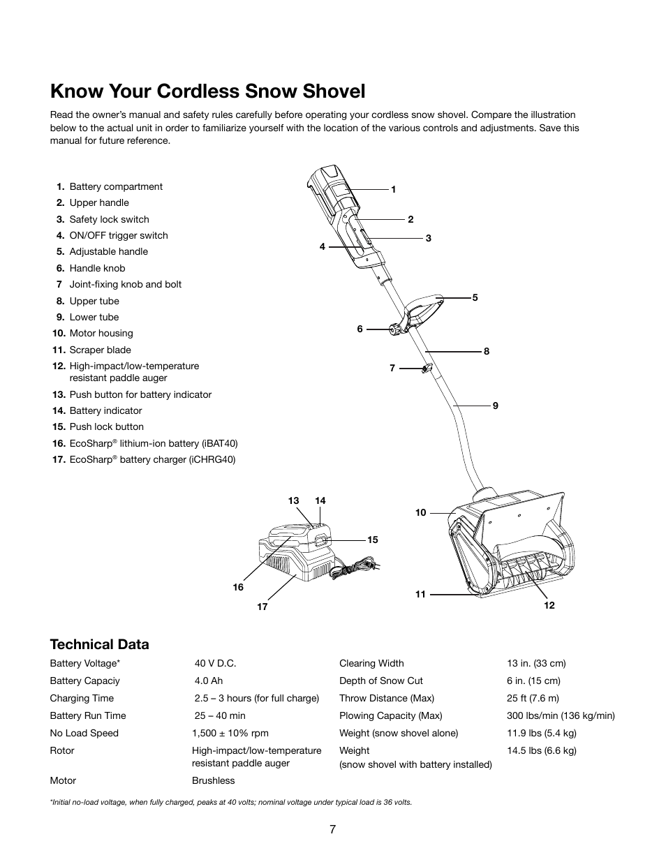Know your cordless snow shovel, Technical data | Snow Joe iON13SS 40-Volt Cordless 13-Inch Brushless Snow Shovel w/ Rechargeable Ecosharp Lithium-Ion Battery User Manual | Page 7 / 20