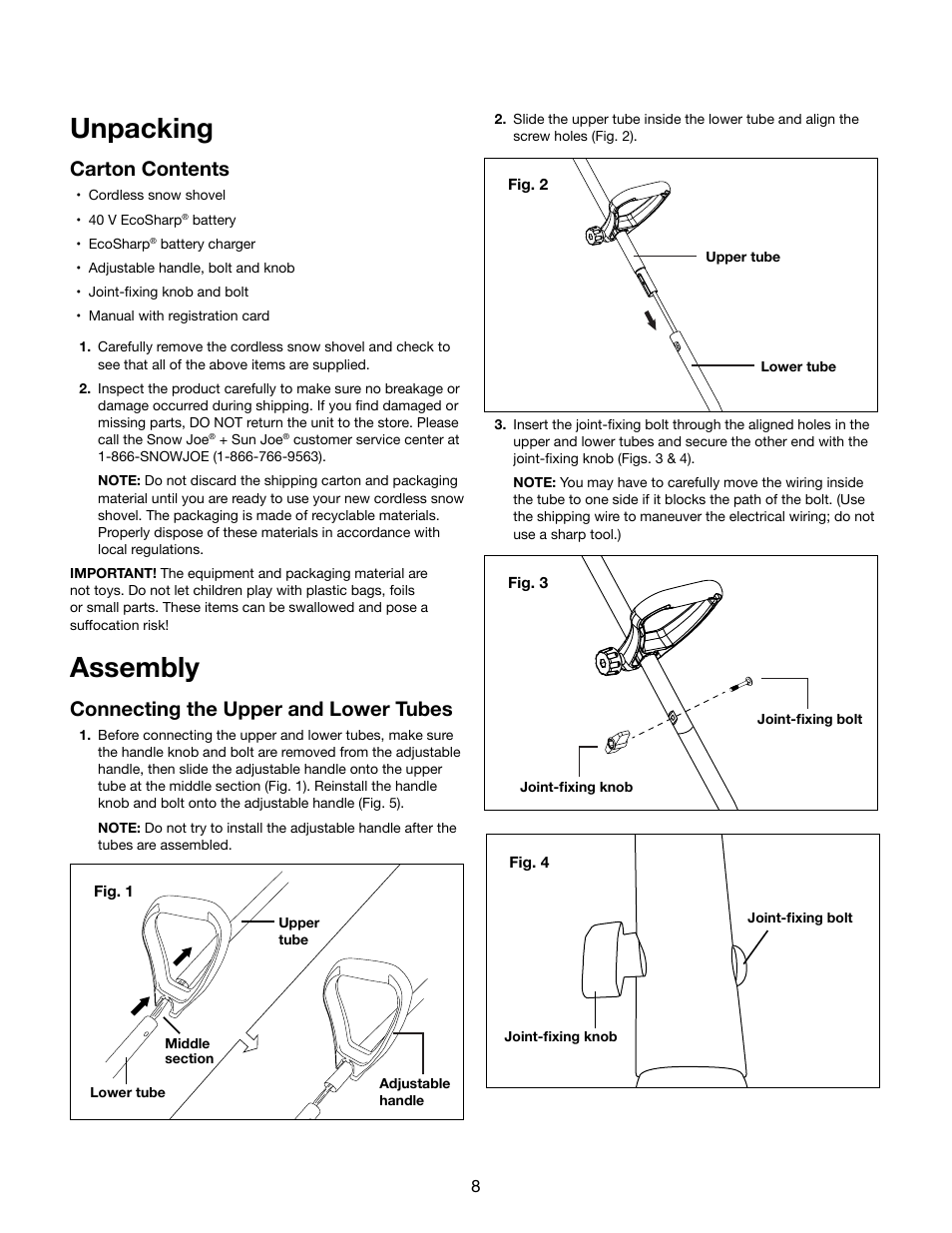 Unpacking, Assembly, Carton contents | Connecting the upper and lower tubes | Snow Joe iON13SS 40-Volt Cordless 13-Inch Brushless Snow Shovel w/ Rechargeable Ecosharp Lithium-Ion Battery User Manual | Page 8 / 20