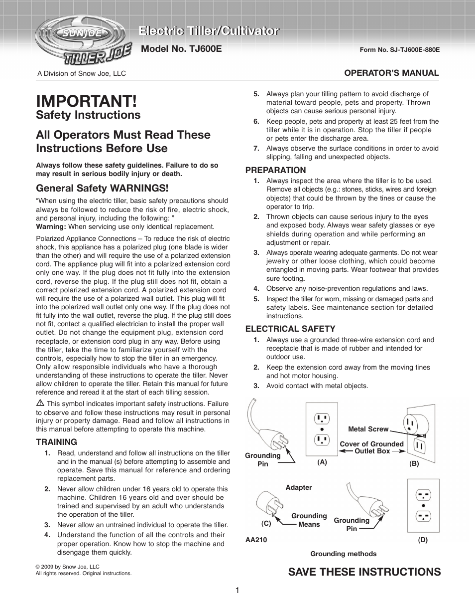 Snow Joe TJ600E Tiller Joe 6.5 AMP Electric Garden Tiller/Cultivator User Manual | 12 pages