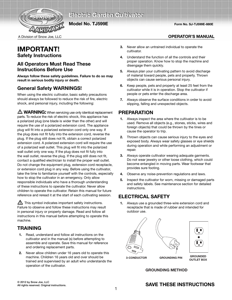 Snow Joe TJ599E Aardvark 2.5 AMP Electric Cultivator User Manual | 10 pages